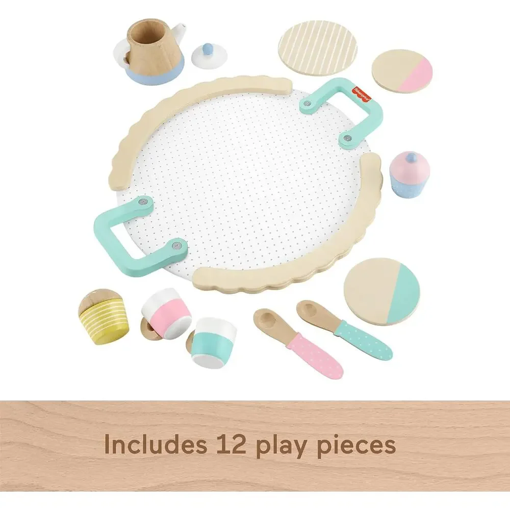Fisher-Price Wooden Picnic Tea Set Blanket Wood Cups & Saucers 18 Pieces NIB
